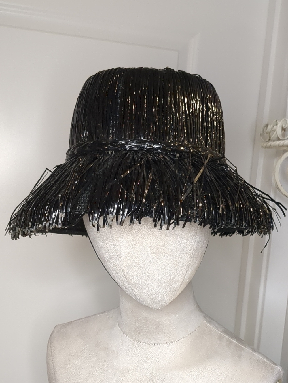 Vintage 50s Herbert Elster Black Straw Hat Summer Beach Made In Italy - Picture 3 of 13